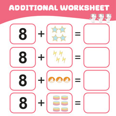Counting unicorn activity for children. Mathematic worksheet for kids. Additional math worksheet. Count and write activity for kids. Vector file. Math worksheet for preschool children. 