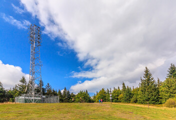 Steel mast with telecommunications relay antennas on Klimczok peak in Silesian Beskids (Poland) on...