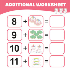 Counting unicorn activity for children. Mathematic worksheet for kids. Additional math worksheet. Count and write activity for kids. Vector file. Math worksheet for preschool children. 