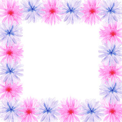 Hand drawn watercolor pink and blue daisy flower frame. Isolated on white background. Scrapbook, post card, banner, lable.