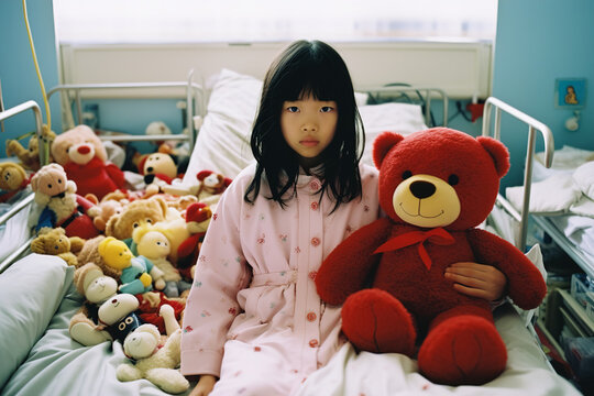 Little Asian girl sitting on a hospital bed with her mascots. Generative ai