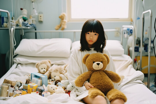 Little Asian girl sitting on a hospital bed with her mascots. Generative ai