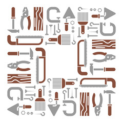 Tools frame background and Place for text. saw and brush, hammers, pliers. Trowel and clamp.