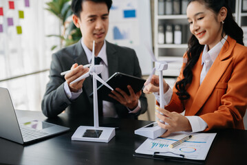 ESG concept of environmental, Green ethical business preserving resources, reducing CO2, Business person team working on laptop virtualto reduce CO2