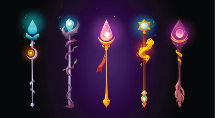 Magic wands, wizard staves, fantasy game weapon. Magician gold and silver sticks, sorcerer scepters with shiny gems, ice crystal and fire isolated on background, vector cartoon set - obrazy, fototapety, plakaty