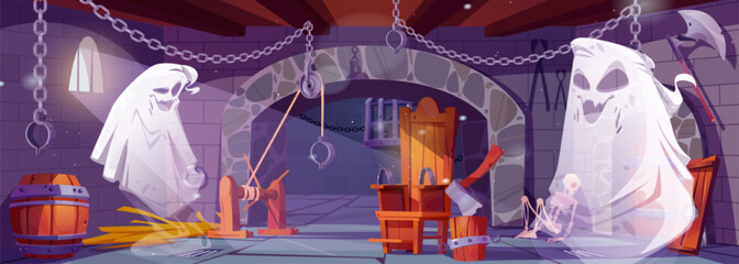 Cartoon vector medieval dungeon prison with ghost character background illustration. Old torture cage room in ancient castle for punishment. Tortured prisoner near phantom apparition in fortress