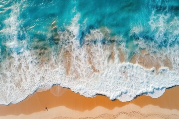 Fototapeta na wymiar Sandy Beach and waves from the top view, Ocean wave water background, Summer seascape from air. abstract Landscape Aerial photography of the sea wave. The ocean and beach. Copy space