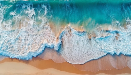 Obraz premium Sandy Beach and waves from the top view, Ocean wave water background, Summer seascape from air. abstract Landscape Aerial photography of the sea wave. The ocean and beach. Copy space