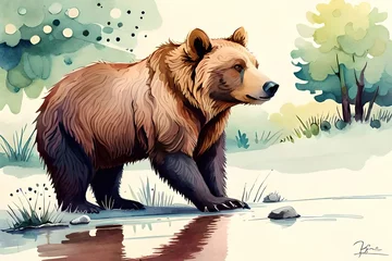 Tuinposter cartoon scene with wild bear in the forest - illustration for children (Ai Generated) © TRIO Design