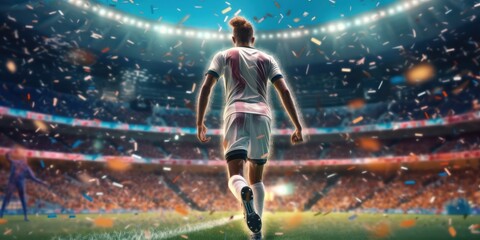 Fototapeta premium 3D Render Football Player Standing in Soccer Stadium, Future Dream to Be a Professional Footballer. Generative AI