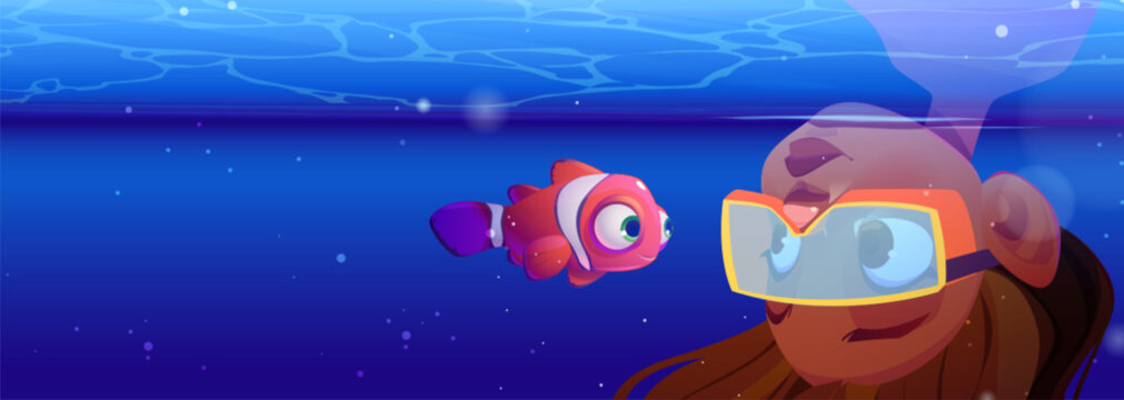 Girl diving in ocean underwater cartoon adventure. young curious undersea water diver and deep snorkeling vector background illustration. Woman swimmer head down in blue sea and meet clownfish