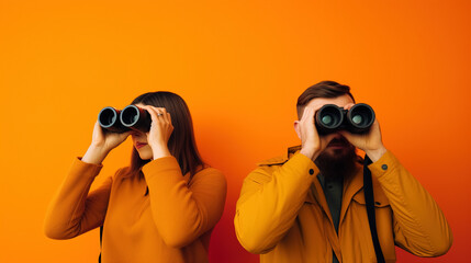 couple looking through binoculars on orange background. Generative ai - obrazy, fototapety, plakaty