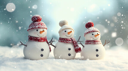 Three happy snowmen in knitted hats and scarves against a snowy background and beautiful bokeh. Family.Merry christmas and happy new year. Christmas card.Generative AI