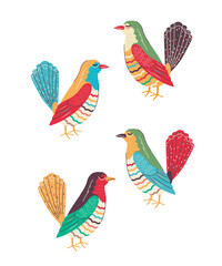 Set of trendy multicolored birds in hand drawn style. Doodle. Vector stock illustration. isolated. Feathers. Nest. Groovy
