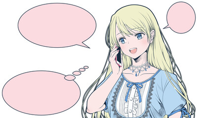 スマホで電話をかける若い女性・無邪気な笑顔（テキスト入力用フレーム付き）