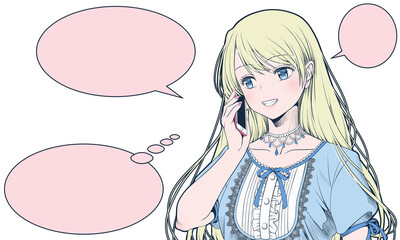 スマホで電話をかける若い女性・得意げに笑う（テキスト入力用フレーム付き）