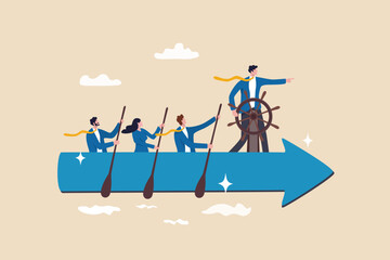 Leadership to lead team to the right direction, employee teamwork to help success, manager to motivate team or company to move forward concept, businessman manager lead people teamwork sailing arrow.