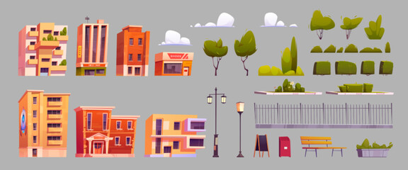 Cartoon set of city street design elements. Vector illustration of apartment buildings, shop, cafe, school, museum, park trees, bushes, fence, lanterns, bench, waste bin, clouds isolated on background
