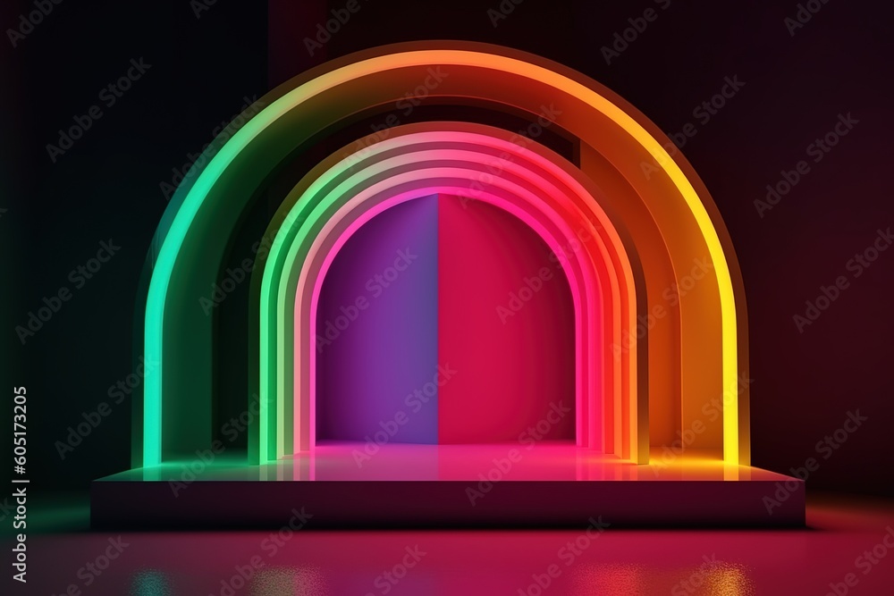 Poster a rainbow-hued arch with flashing neon lights in the backdrop generative ai