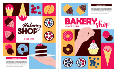 Bakery shop posters set. Sweet products, desserts. Vector illustration for banner, cover, flyer, menu, advertising.