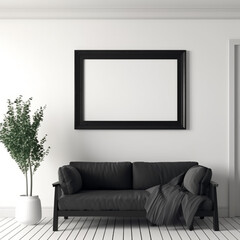 Empty wooden picture frame mockup hanging on white wall background. flowers in Working space, home office. Art, poster display. Modern interior. Generative AI