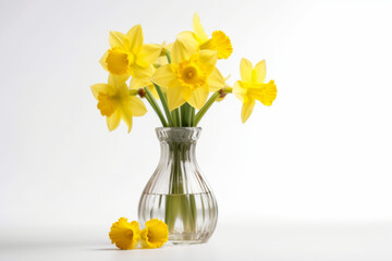Beautiful spring composition with daffodil flowers in vase on white background