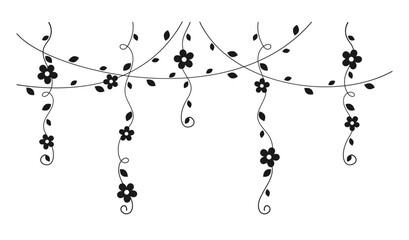 Hanging vines with flowers silhouette vector illustration. Simple minimal floral botanical vine curtain design elements for spring.