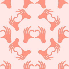 Hands making or formatting a heart symbol seamless pattern illustration. I love you heart sign. Valentine day, message of love hand gesture, shapes heart with both hands vector background..