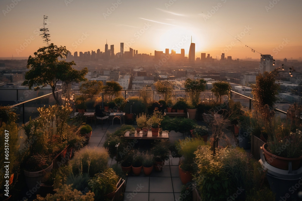 Canvas Prints A picture of an urban rooftop garden bathed in the soft glow of sunset, featuring an array of potted plants, cityscape views, and people enjoying the tranquil green space.