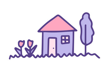 Fototapeta premium Childish sketch with a house, tree and flowers vector illustration. Kids cute doodle of home in pink and violet colors.
