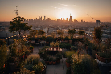 A picture of an urban rooftop garden bathed in the soft glow of sunset, featuring an array of potted plants, cityscape views, and people enjoying the tranquil green space.