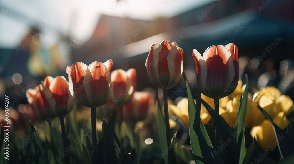 Poster a group of tulips that have been planted in the ground. generative ai