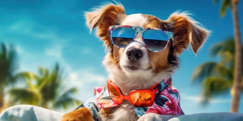 Dog Wearing Summer Shirt with Sunglasses on Tropical Beach. Generative AI