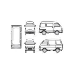 outline of a van or family car, year 1996, isolated white background, front, back, top and side view, part 2
