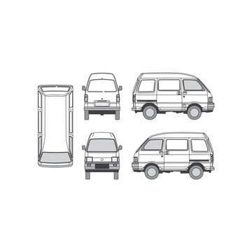 outline of a van or family car, year 1996, isolated white background, front, back, top and side view, part 3