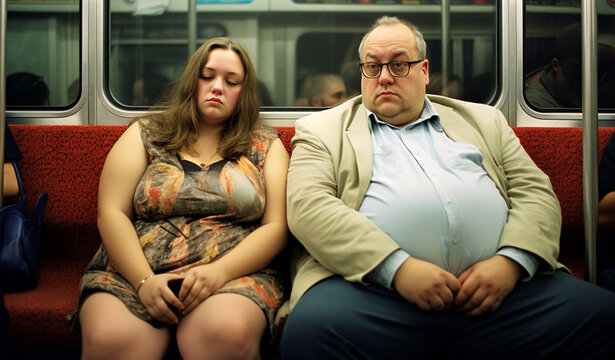 Unhappy overweight couple sitting in a modern intercity passenger train. Industrial. Railroad transportation