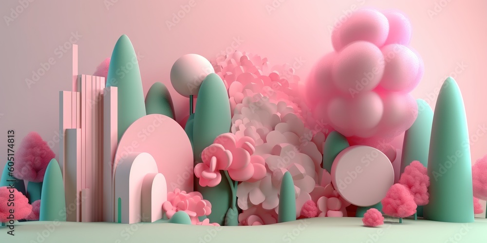 Poster a scene with pink and blue hues, consisting of trees and clouds generative ai