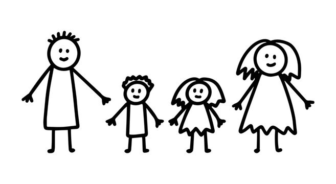 Kids doodle drawing of family with mom, dad and children, son and daughter. Two kids with mom and dad vector illustration.