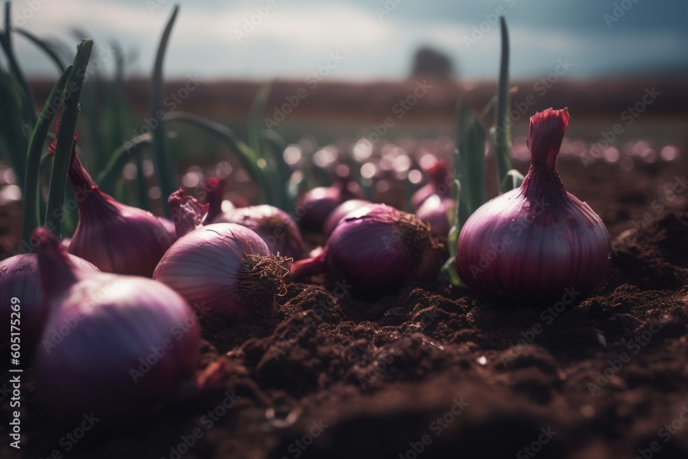 Poster a tangle of onions that are buried in the soil generative ai