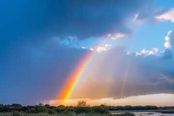 Fototapeta na wymiar Beautiful evening cloud of the sunset with a rainbow and sunshine after rain