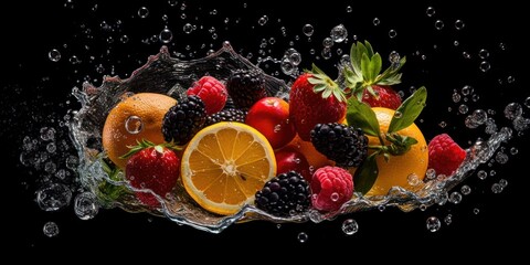 Fresh Fruits With Splash on Black Background. Generative Ai