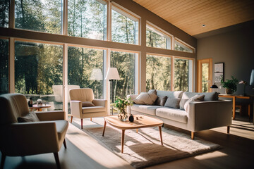 A living room of a beautiful bright modern Scandinavian style house with large windows opening, generative AI	
