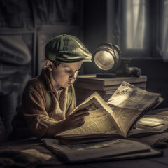  Vintage Style Boy Reading Newspaper, Photo Art Created with Generative AI and Other Techniques