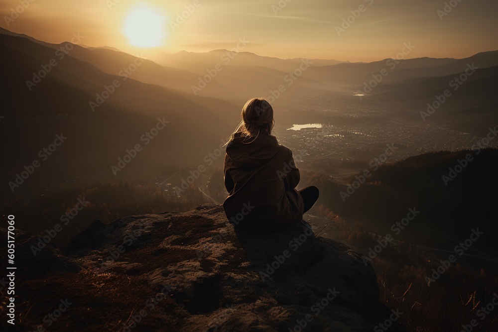 Poster a person enjoying the view from the peak of a mountain as the sun goes down generative ai