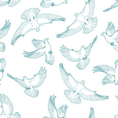 Seamless pattern with hand drawn dove outline. Line art style.