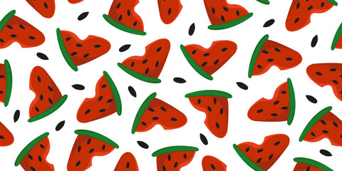Seamless pattern with watermelon slices and black seeds. Horizontal banner with summer berries.