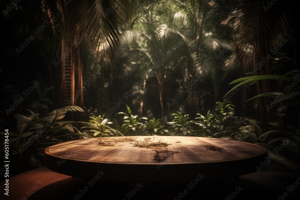 Aufkleber a large, circular table made of wood placed in front of a forest generative ai