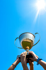 gold trophy cup in s hands against blue sky background, vertical, winning, school, team success...
