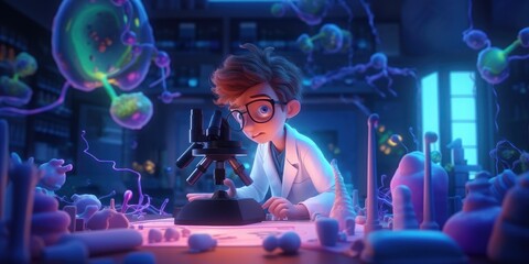 Obraz na płótnie Canvas 3D Doctor looking under microscope to analysis sample, Medical science Lab. Generative AI