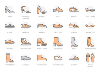 Shoe line icon set. High heels sandal, cowboy boots, hiking footwear, sneakers, slipper minimal vector illustrations. Simple outline signs for fashion application. Orange color. Editable Stroke